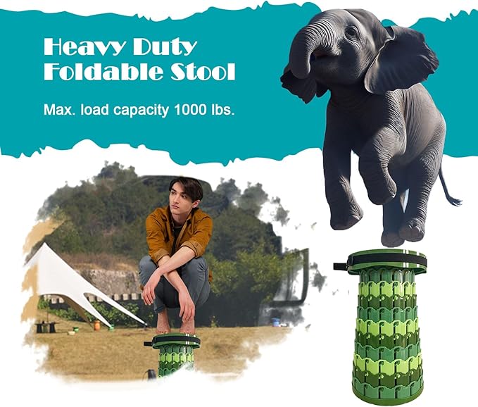 Spisces Upgraded Collapsible Stool with Cushion, 1000 lbs Capacity & 19.7-in High, Wider & Taller Heavy Duty Portable Telescoping Foldable Seat for Adults Camping, Travel, Music Festivals, Outdoors