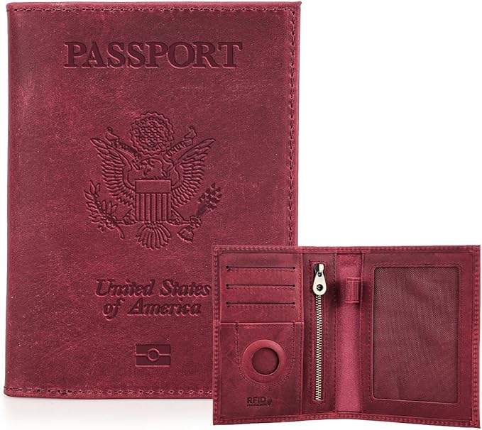 CONTACTS Full Grain Leather Passport Holder RFID Blocking Travel Passport Wallet Compatible with Airtag Passport Cover Case with 4 Cards Slots, Coin Pocket (Badge, Wine Red)