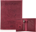 CONTACTS Full Grain Leather Passport Holder RFID Blocking Travel Passport Wallet Compatible with Airtag Passport Cover Case with 4 Cards Slots, Coin Pocket (Badge, Wine Red)