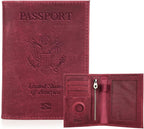 CONTACTS Full Grain Leather Passport Holder RFID Blocking Travel Passport Wallet Compatible with Airtag Passport Cover Case with 4 Cards Slots, Coin Pocket (Badge, Wine Red)