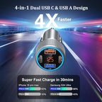 4-Port USB C Car Charger for iPhone 17/16e/15 Pro Max, 65W Multi Port PD+QC 3.0 Fast Charging Dual 12V USB-C&USB-A Car Charger Cigarette Lighter Adapter Voltmeter for iPhone Air 17 16 15 Pro