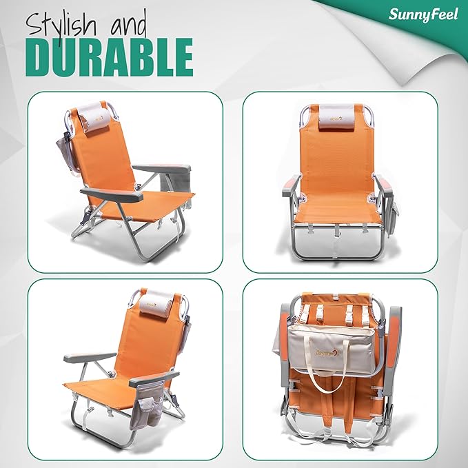SUNNYFEEL Low Beach Chair 2 Pack, 5-Position Lay Flat Reclining, Backpack Portable Folding Chairs with Cooler Bag & Cup Holder, Heavy Duty 350 LBS, Compact for Beach, Camping, Travel