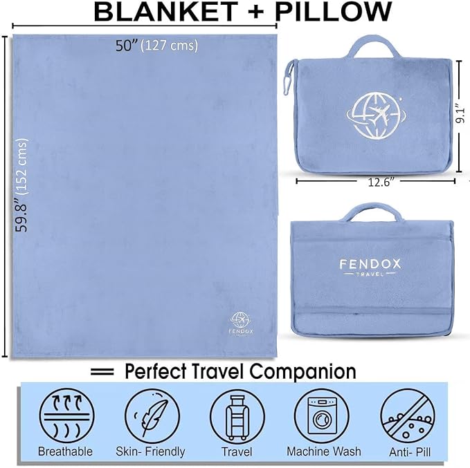 2-in-1 Travel Blanket and Pillow – Lightweight, Compact, Ultra Soft, Machine Washable – Handle, Luggage Sleeve, Backpack Clip – for Travel Airplane, Car, Office (Light blue)
