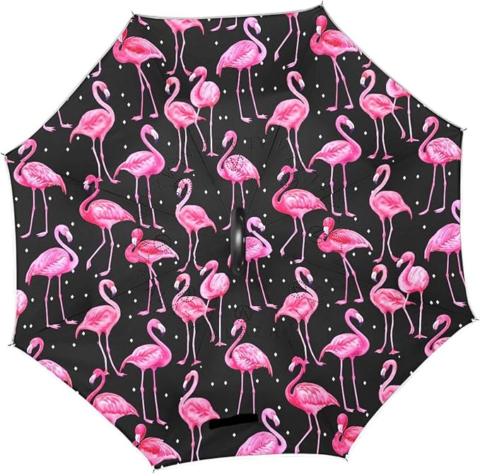 Nander Windproof, Reverse Umbrella, Umbrellas for Women with UV Protection, Upside Down Umbrella with C-Shaped Handle- Pink Cartoon Flamingo