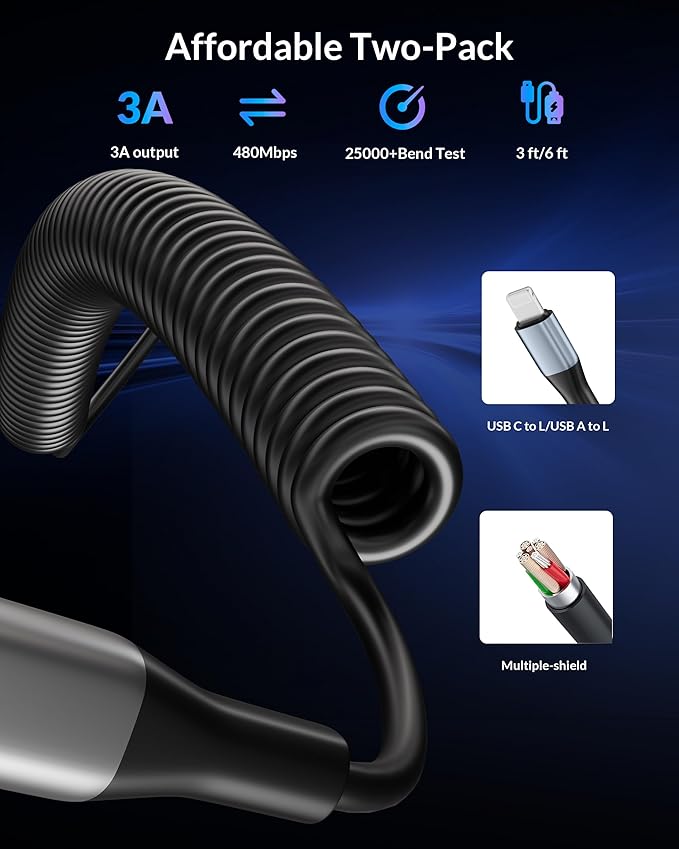 3-Port 70W Fast Car Charger for iPhone 14 13 12 11 Pro Max SE XR XS X 8 7 6 Plus, iPad, 2 Pack USB C Car Charger Adapter Cigarette Lighter with Coiled USB iPhone Carplay Cable &Lightning Charging Cord