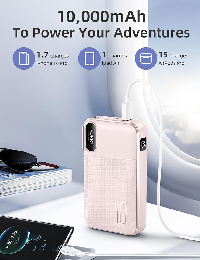 RORRY Portable Charger Built in Cables, AC Wall Plug in Portable Charger Power Bank 10000mAh Travel Battery Pack 22.5W Fast Charging for iPhone 17/16/15 Samsung Galaxy S25/S24/S23 Pixel LG iPad, Pink