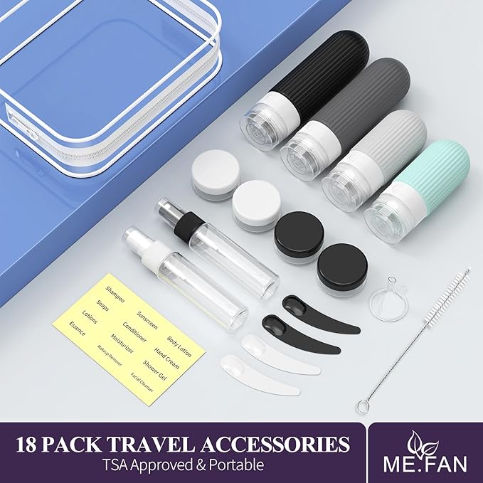 ME.FAN 18 Pack Travel Bottles for Toiletries, TSA Approved Silicone Portable Size Bottle, Refillable Cosmetic Container Kits for Conditioner, Shampoo, Lotion,Face Cream - Grey
