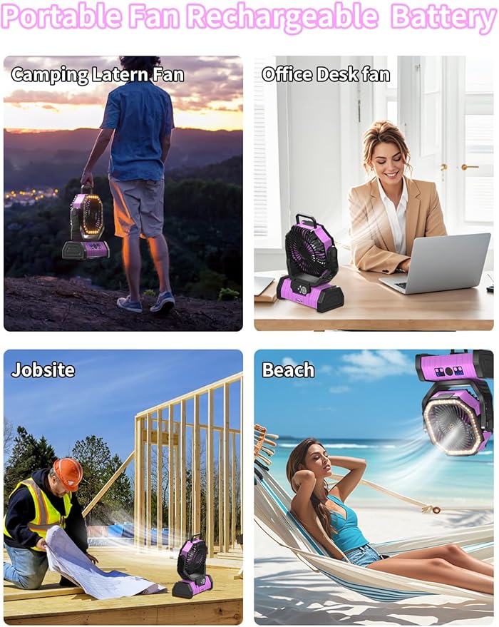 Battery Operated Portable Camping Fan Battery Powered Outdoor Tent Fan with LED Lantern Light 20000mAh Rechargeable, Oscillating, 360° Rotating Hanging Hook, Cordless USB Desk Fan(Pink)