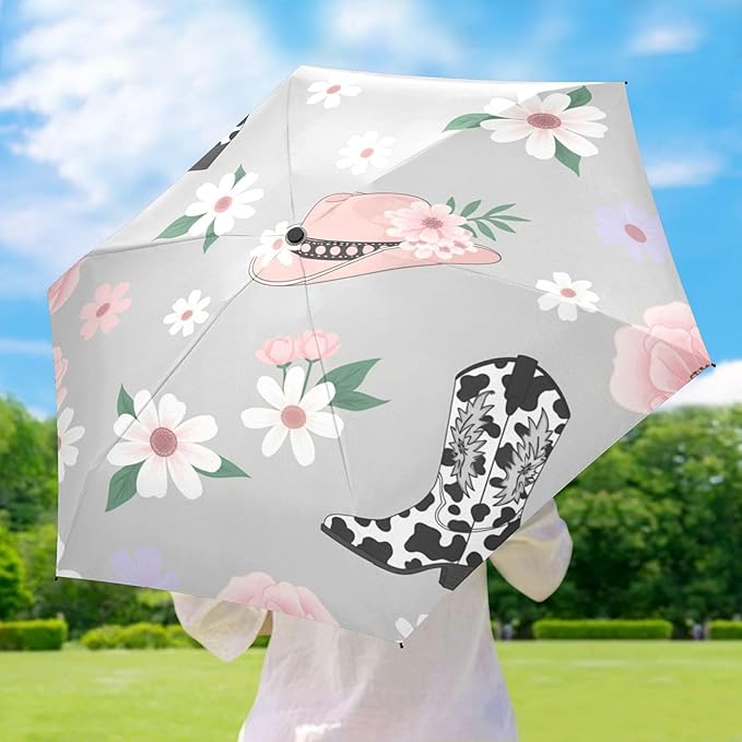 Cowboy Boots Pattern Umbrellas for Rain Windproof Small Folding Compact Mini Travel Umbrella for Purse Lightweight Portable Pocket for Women