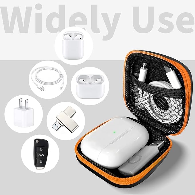 Square Earbud Case Portable EVA Carrying Case Storage Bag Tech Pouch Cell Phone Accessories Organizer with Carabiner for Earphone, Earbud, Earpieces, SD Memory Card, Camera Chips, Orange1