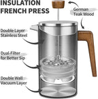 French Press Coffee Maker, 34oz Stainless Steel Coffee Press Real Wood Handle, Double Wall Insulated French Coffee Press with Dual-Filter Screen, Perfect for Camping & Kitchen Use