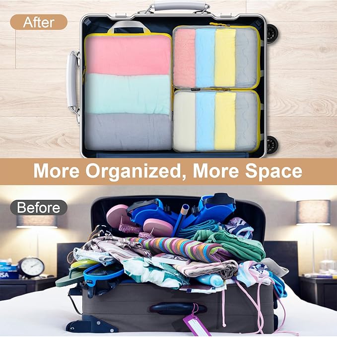 PFEYRPK Lightweight Compression Packing Cubes for Suitcases, Compressible Expandable Travel Packing Organizer with Clear Toiletries and Backpack Bag, Travel Essentials for Carry on Luggage 7 Set