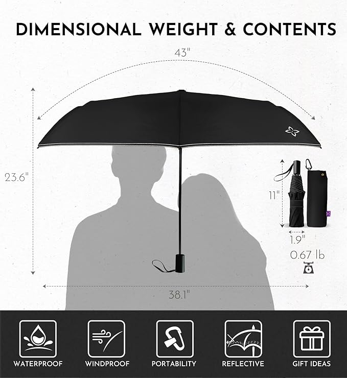 Windproof Travel Umbrella - Manual Open Close with No Rebound for Seniors & Kids, 43" Compact and Portable for Rain, Thoughtful Gift for Wife Husband Child