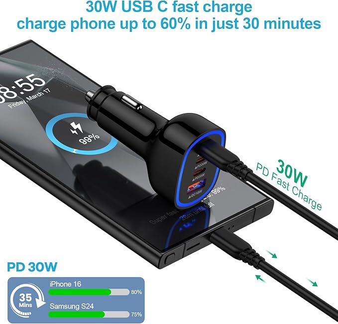 Multi 4 Ports Fast Car Charger Adapter 12V Auto Vehicle Plug - USB C & USB A Quick Charging - Cigarette Lighter Cell Phone Automobile Charger for iPhone 17 Pro Max Air 16e 16 15 14 13 12, Samsung S26