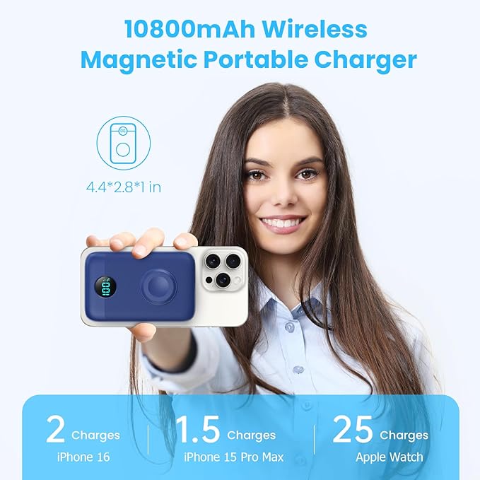 Magnetic Portable Charger with Apple-Watch Charger,10800mAh 25W PD Fast Charging Wireless Power Bank,4 Outputs Travel Essential for Magsafe Battery Pack Compatible with iPhone 17/16/15/14/13/12 Series