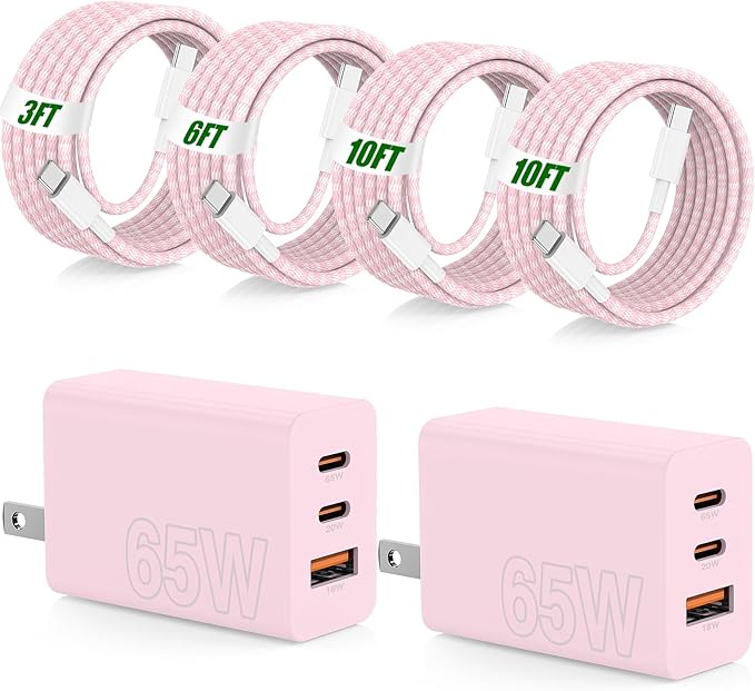 65W Super Fast Charger Type C for Samsung,3 Port 100W Quick Charging 3.0 USB C Block & 3/6/10/10FT Braided Type C Cord for Samsung Galaxy S26 Ultra/S26/S25 Ultra/iPhone 17 Pro/MacBook Pro/Air-Pink