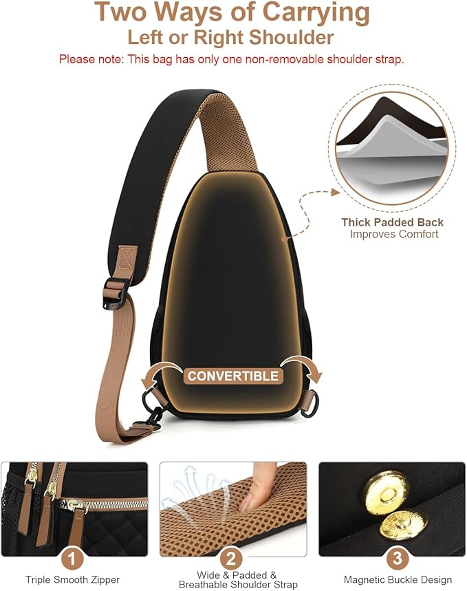 Capolo Sling Bag for Women Men Waterproof Crossbody Bags for Women Trendy Casual Fanny Pack with Convertible Shoulder Strap Chest Bag for Travel Hiking(Black, Large)