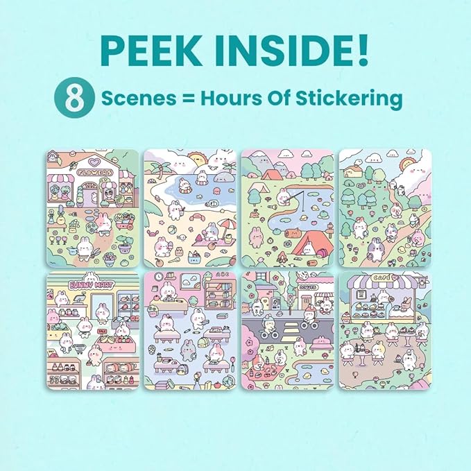Life of Cute Bunnies 300+ Kids Sticker Book by Cupkin Toddler Airplane Travel Coloring Book, Easter Basket Stuffer, Road Trip Essentials, 8 Coloring Pages 8 Side by Side Scenes for Ages 2–8 Years
