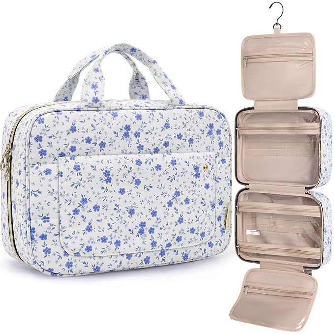 BAGSMART Toiletry Bag Travel Bag with Hanging Hook, Water-resistant Makeup Cosmetic Bag Travel Organizer for Accessories, Shampoo, Full-size Container, Toiletries (Blue Ditsy Floral, Large)