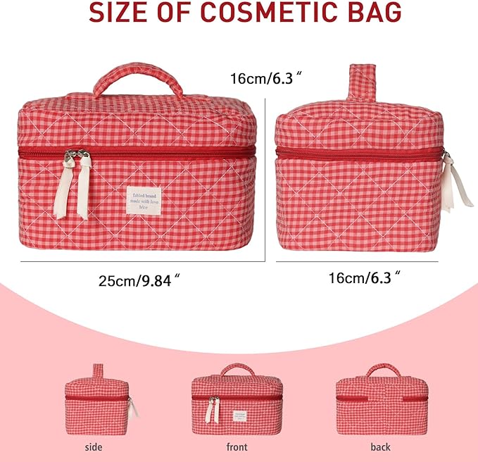 Gosect Large Makeup Bag, Cute Cosmetic Bag for Women Girls, Floral Coquette Aesthetic Toiletry Bag, Travel Make Up Organizer Bag(Red Checkered)