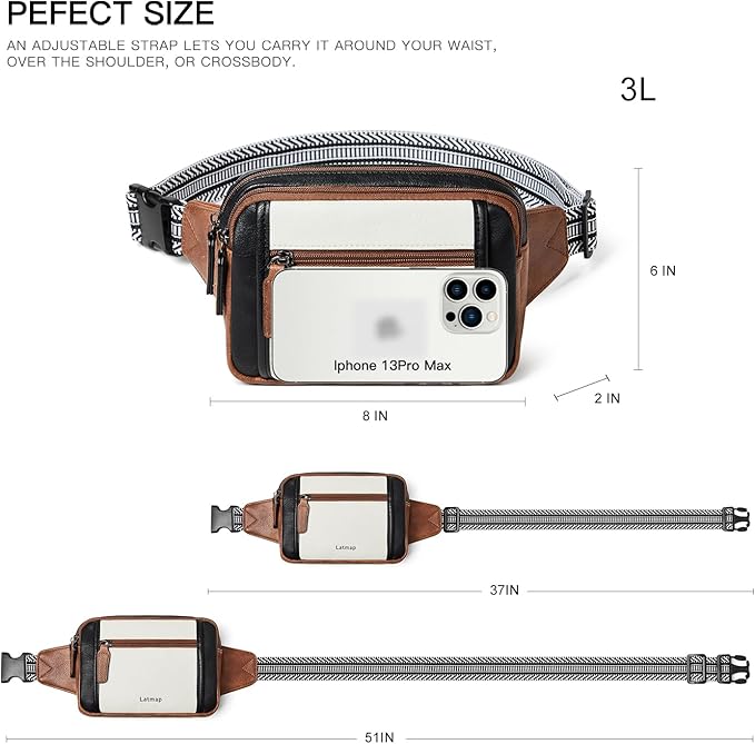 LATMAP 3L TRIPLE ZIP Fanny Packs Belt Bag For Women Men Crossbody Waist Pack Sling Chest Bum Travel Bag Purse Faux Leather Fashion Cute Black