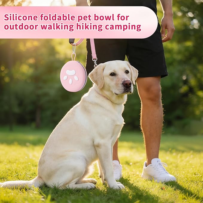 Dog Bowl for Travel, Collapsible Silicone Dog Dual Bowls with Dustproof Zip Case and Pet Paw Pattern 180 Degrees Flip Over Compact Foldable Feeder for Camping Hiking Trips