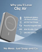 myCharge CliqAir 10000mAh Magnetic Power Bank – Ultra-Thin 0.5" Design | 15W Fast Wireless Charging | 20W PD USB-C Port | Powerful Magnetic Hold | Perfect for Travel, Work, or Everyday Use | Grey
