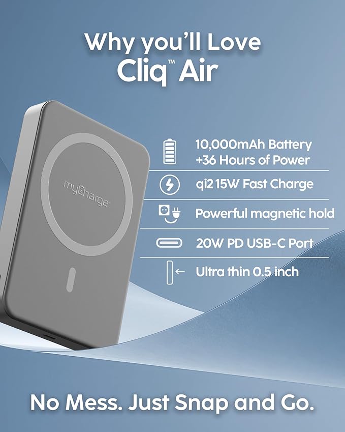 myCharge CliqAir 10000mAh Magnetic Power Bank – Ultra-Thin 0.5" Design | 15W Fast Wireless Charging | 20W PD USB-C Port | Powerful Magnetic Hold | Perfect for Travel, Work, or Everyday Use | Grey