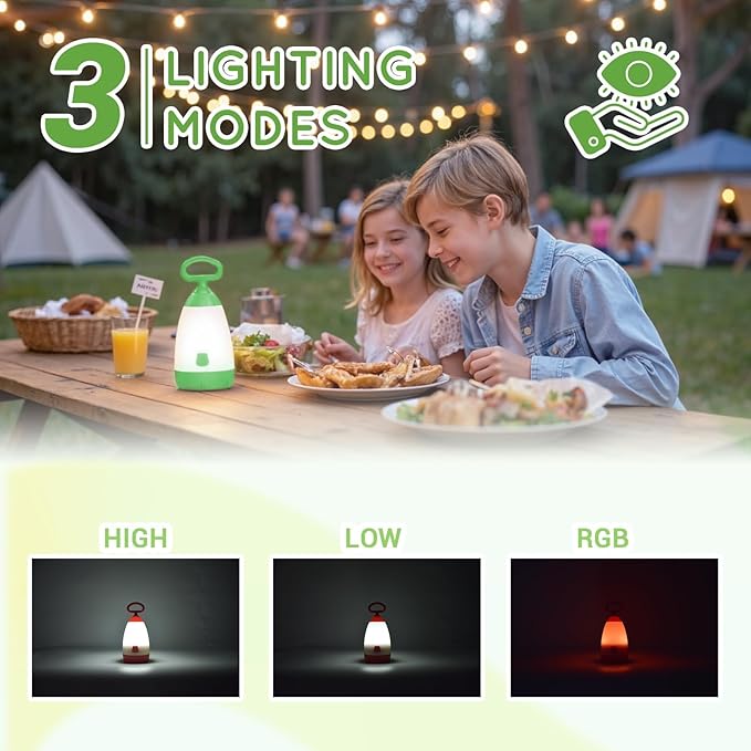 Kids Camping Lantern & Night Light Battery Powered (AAA Included), 360° Eye-Safe Light, IPX4 Waterproof with RGB Modes Portable for Outdoor, Emergency & Bedtime, Gift for Children (Green)