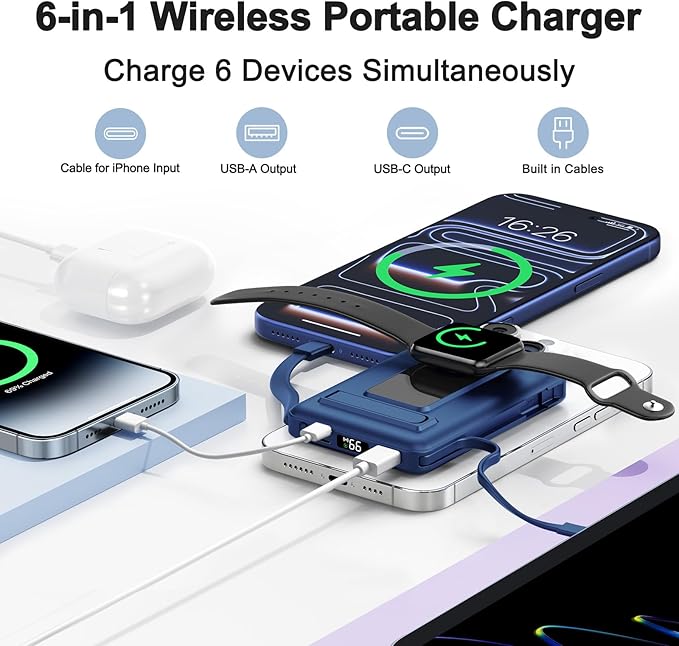 for Magsafe Battery Pack, 10000mAh Power Bank for iPhone with Built-in Cables, 20W Fast Charging Magnetic Wireless Portable Charger with Stand for iPhone 17/16/15/14/13/12/Apple Watch Series