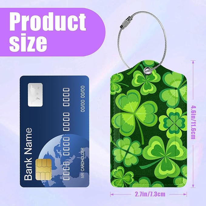 3 Pack St. Patrick's Day Shamrock Luggage Tags for Suitcase Lucky Clovers PU Leather Travel Luggage Tag Privacy Cover ID Label for Women Men Baggage Backpack Handbag School Bag