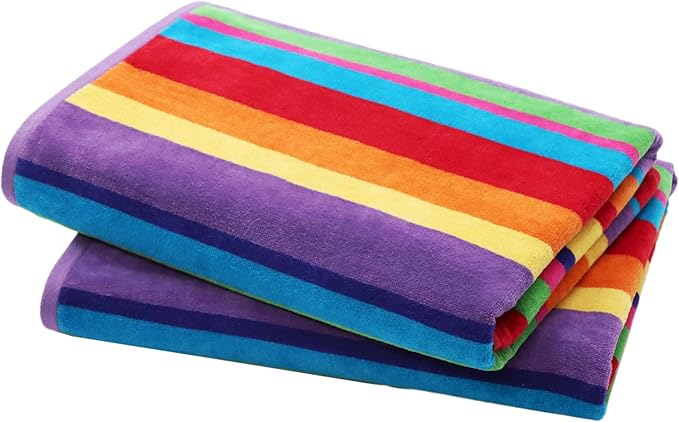 COTTON CRAFT Oversized Beach Towel - 2 Pack 35x70 XL Summer of Siam Towel Set - 100% Cotton Pool Bath Towel - Terry Jacquard Velour 450 GSM Plush Super Soft Absorbent Luxury - Multi Color Stripe