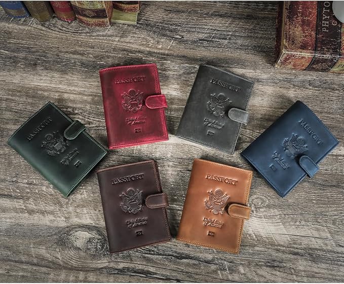 CONTACTS Full Grain Leather Passport Holder RFID Blocking Passport Wallet Compatible with Airtag Travel Passport Cover with SIM Card Removal Tool (Badge, Camel Brown)