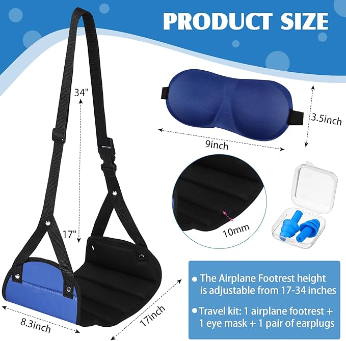 Yerliker Airplane Foot Hammock(Memory Foam) with Earplugs and Eye Mask Travel Necessities Adjustable Airplane Desk Foot Rest for Long Trip Pain and Swelling Relief(Blue)