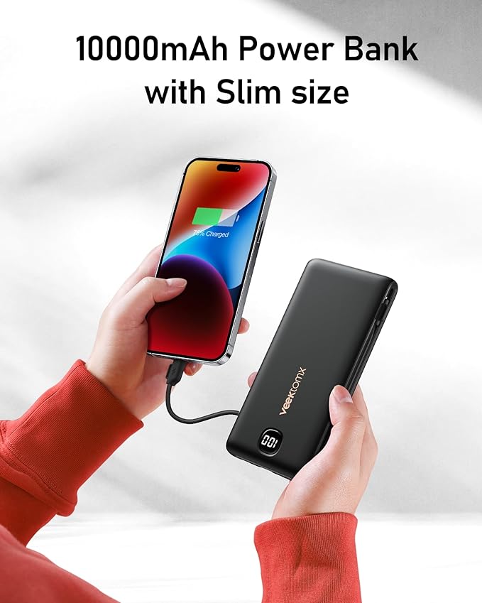 VEEKTOMX Portable Charger with Built in Cables 10000mAh, Power Bank for iPhone with AC Wall Plug, Fast Charging USB C Slim Battery Pack with LED Display Compatible with iPhone 17/16/15/14, Samsung