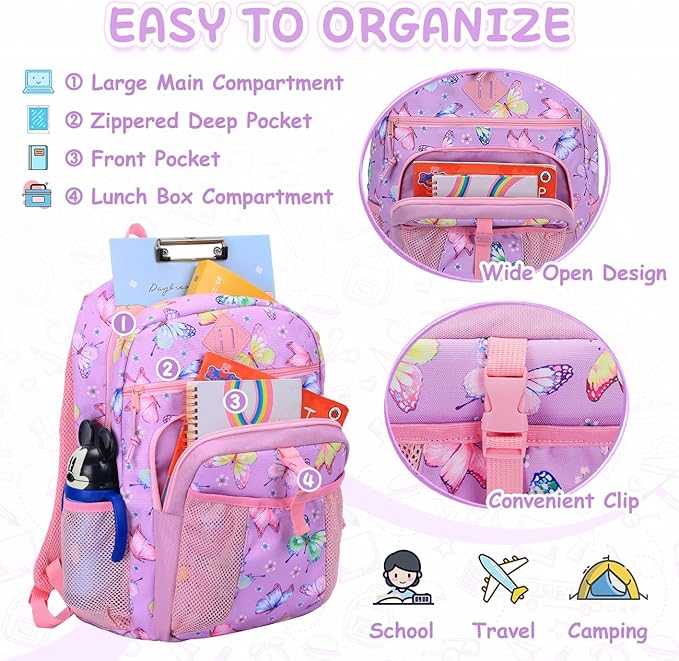VASCHY Toddler Backpack Lunch Bag Set, Girls School Bookbag Insulated Lunch Box for Kids Preschool,Daycare,Kindergarten,Elementary School Butterfly