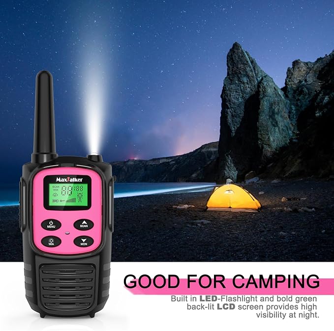 MaxTalker Walkie Talkies Long Range for Adult, MT10 Rechargeable Walkie Talkies FRS Two Way Radio, NOAA, 1200mAh Li-ion Battery USB-C Cable, LED Flashlight,VOX Walkie Talkie for Camping 2Pack (Pink)