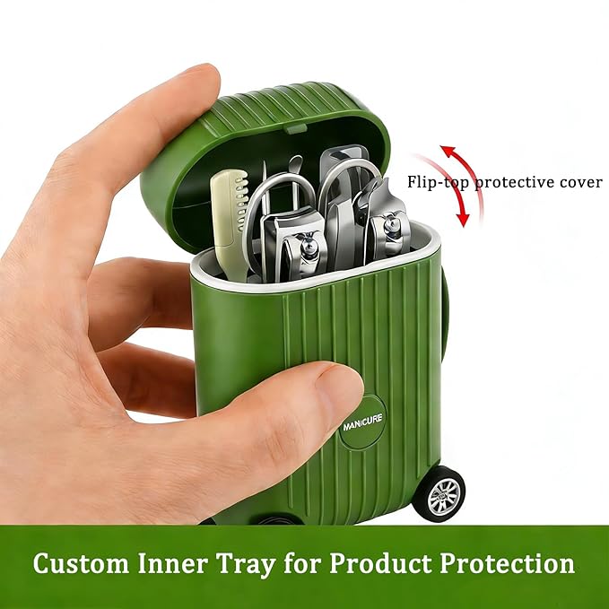 8-Piece Manicure Set in Mini Suitcase, Cute Travel Nail Clipper Kit with Stainless Steel Tools, Portable Grooming Care for Car Console, Office Desk Decor & Unique Gift, Olive Green, 3.9"