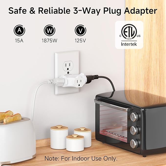 [ETL Listed] Cable Matters 3-Pack 3 Way Plug Adapter 15A 1875W, 3 Prong 3 Outlet Adapter, Power Splitter Plug Outlet, 3 Way Electrical Splitter, White