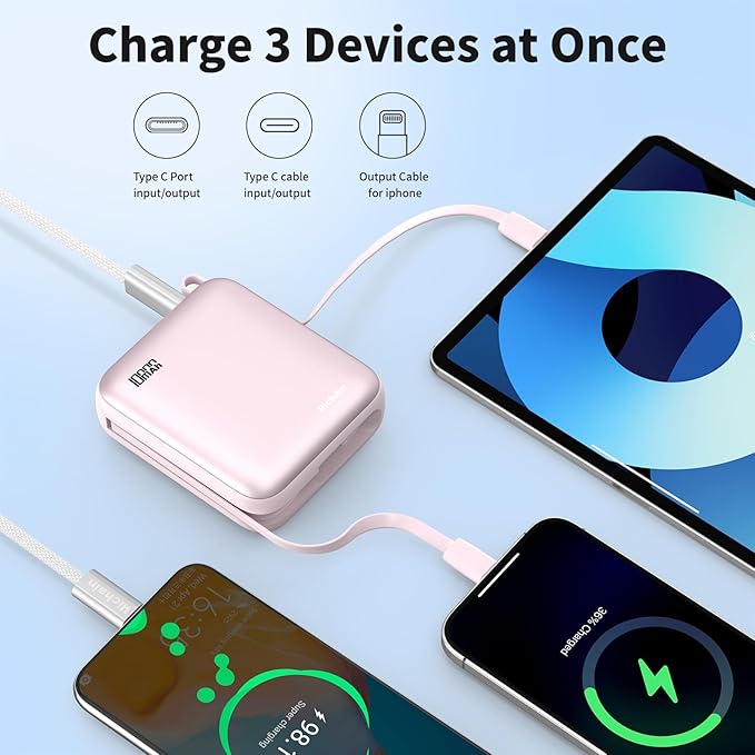 Hichain Small Portable Charger with Built in Cables LED Display, Mini Power Bank 10000mAh 22.5W USB-C Fast Charging Battery Pack, Travel Essential Power Bank for iPhone, iPad, Samsung, Android Pink