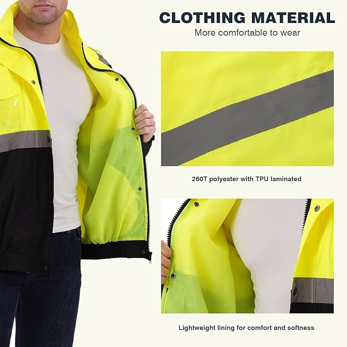 SKSAFETY Hi Vis Safety Rain Jacket for Men, Construction Work Rain Gear Heavy Duty Class 3 Rain Coat Waterproof Lightweight