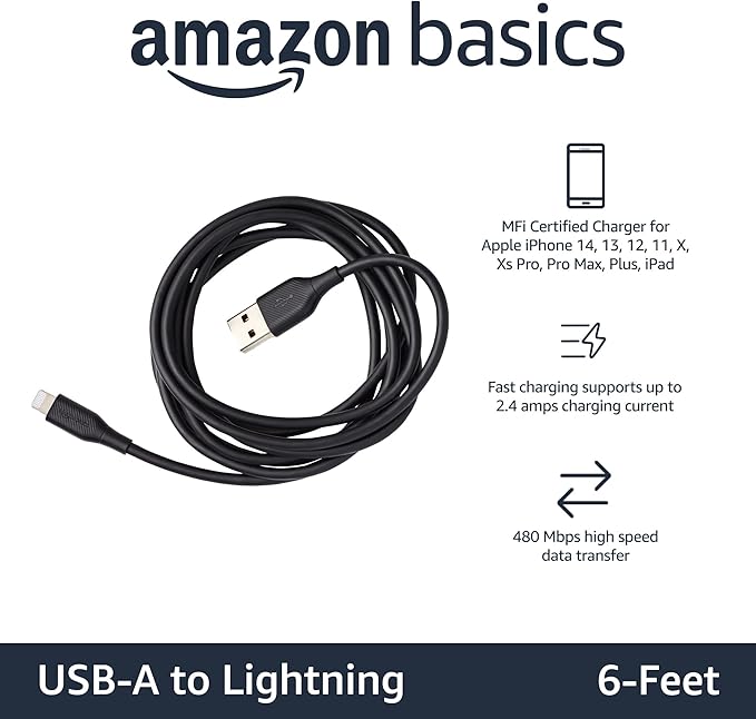 Amazon Basics 2-Pack Apple MFi Certified USB-A to Lightning Charger Cable for iPhone 14 13 12 11 X Xs Pro, Pro Max, Plus, iPad, 6 Foot, Black