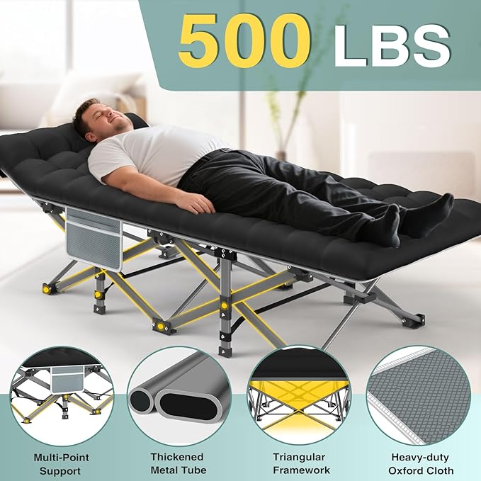 ZENPETIO Oversized XXL Folding Camping Cot, Heavy Duty Sleeping Cot for Adults with Mattress and Pillow, Portable Cot Bed with Carry Bag for Outdoor Camp Travel Home Guest Office, Gray Black
