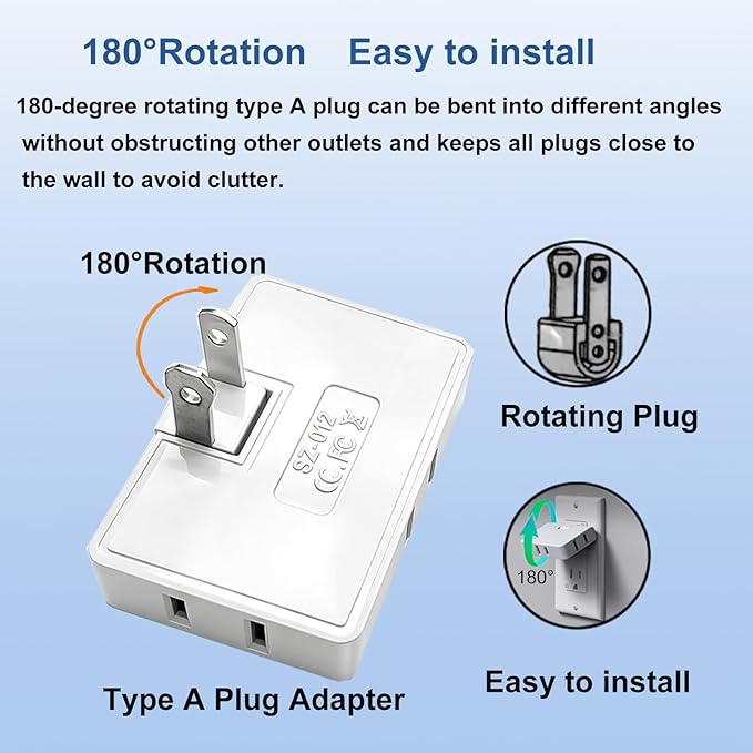 3 Way Flat Wall Outlet Extender,2 Prong180 Degree Portable Swivel Wall Tap Plug,Ultra Thin Folding Electrical Outlet Splitter (Easy Install),Type A,White,Pack of 2