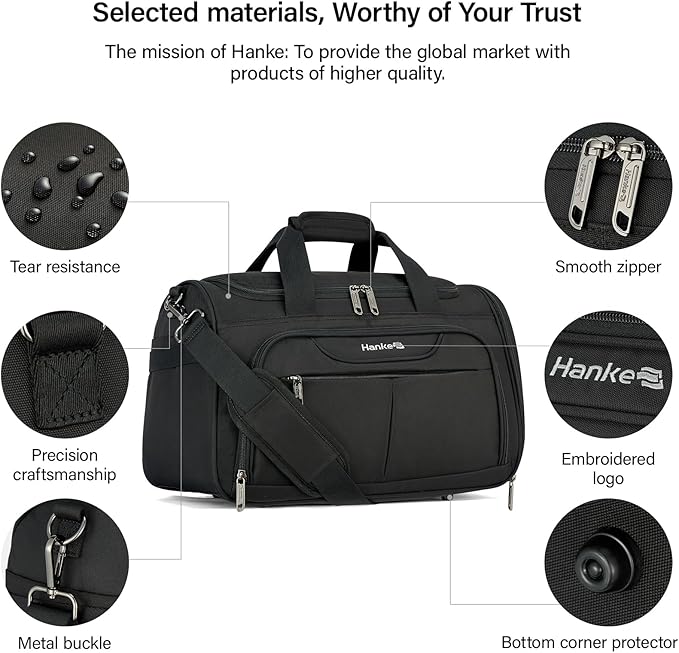 Hanke Large Capacity Travel Duffel Bag, Carry On Luggage with 12 Pockets, 17 Inch Laptop Compartment, Wet Dry Separation & Independent Shoe Bag, Lightweight Foldable Duffel Bag for Women Men（Black）
