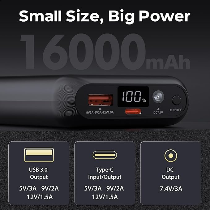 7.4V 16000mAh Battery Pack for Heated Vest with DC USB-C Ports, Portable Rechargeable Power Bank with Digital Display, Heated Vest Battery Pack for ORORO Venustas Heated Vest, Jacket, Pants