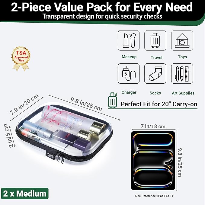 YQBRAO 2-Pack Medium Clear Hard Shell Zipper Case Black, 1.2mm Heavy-Duty Crush-Proof Makeup Bag, Versatile Diaper Bag Organizer Pouches, Rigid Clear Zipper Pouches for Toiletries, Tech & Daily Carry