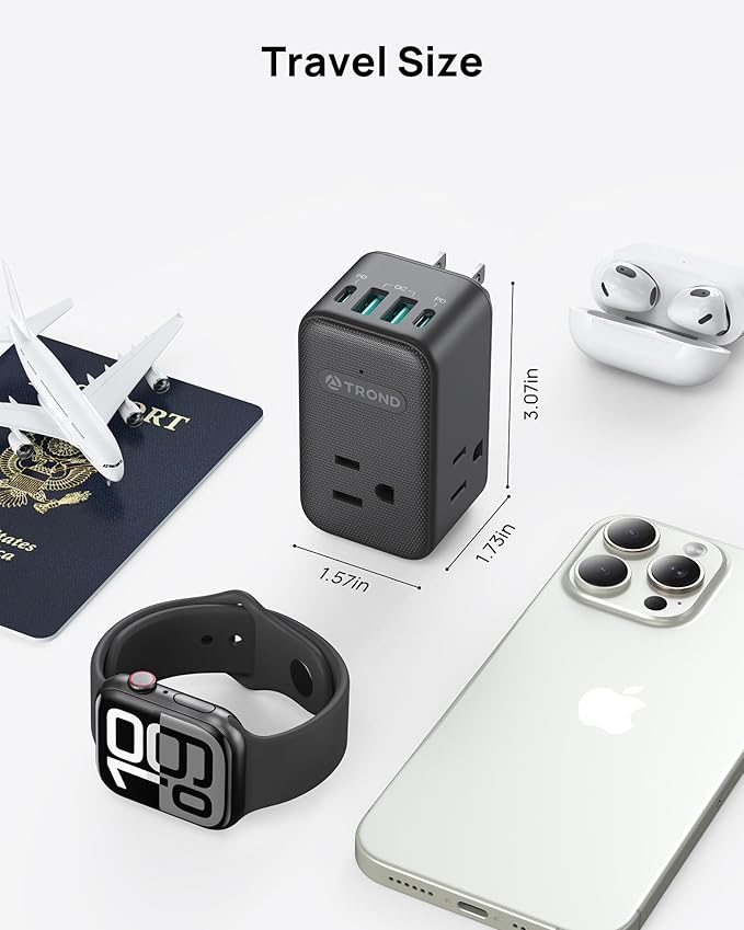 TROND Multi Plug Outlet Extender, 3 AC Outlet Adapter with 360 Rotating Plug, Black Power Splitter with PD 20W USB C Charger, A Compact Solution to Home Dorm Room Travel Cruise Essentials