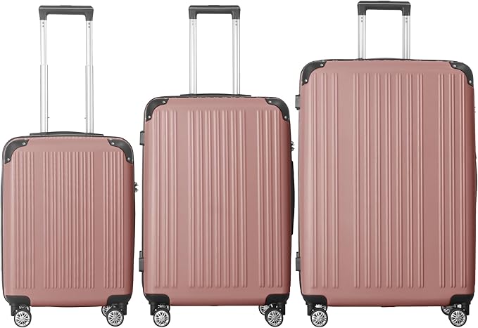 3-Piece Luggage Set 3 (20"/24"/28"), Hardside Suitcases with 8 Spinner Wheels, Scratch-Resistant ABS Shell, set2, set3 Travel Suitcase, TSA Lock (Ribbed Surface, Rice Brown)