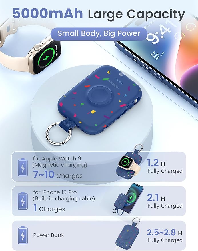 RORRY CharmGo Portable Charger, 5000mAh Portable Charger Power Bank with Built-in Cables, Travel Keychain Battery Pack for Apple Watch and iPhone Air/17/16/15/14/13/12, Confetti-Deepblue